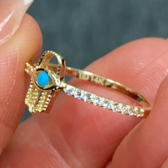 New 14K Yellow Gold Blue CZ Hamsa Ring Band - Picture 9 of 10